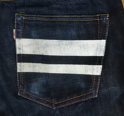 Momotaro jeans "Syutujin label" 0705SP Back pocket painting and white tab with peach