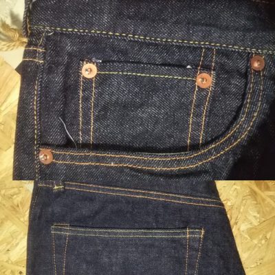 Punched rivets and two-color stitching of yellow and orange Big john selvedge denim jeans Denim craft.OR120B