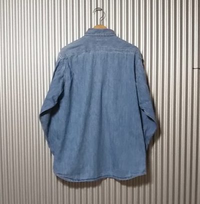 Back view-90s Levi's Chambray Work Shirt. Made in Japan. Saddle-man tag. Orange tab.