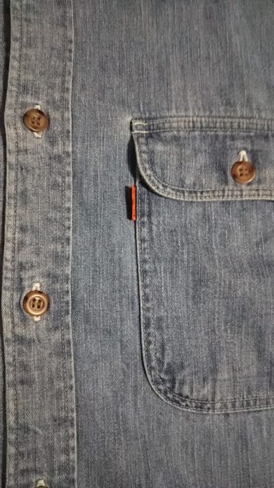 Button-90s Levi's Chambray Work Shirt. Made in Japan. Saddle-man tag. Orange tab.