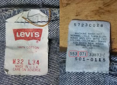 Inside display tag-1990s Levi's 501 Made in USA 1991 made W32 L33