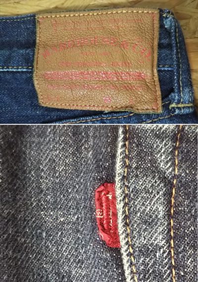 Leather label and red tab-WAREHOUSE & CO. Selvedge denim jeans "50s reprint" W34 L31 Made in Japan.
