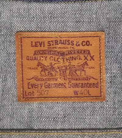 Leather label of 90s Levi’s 71507XX Type 2 denim jacket