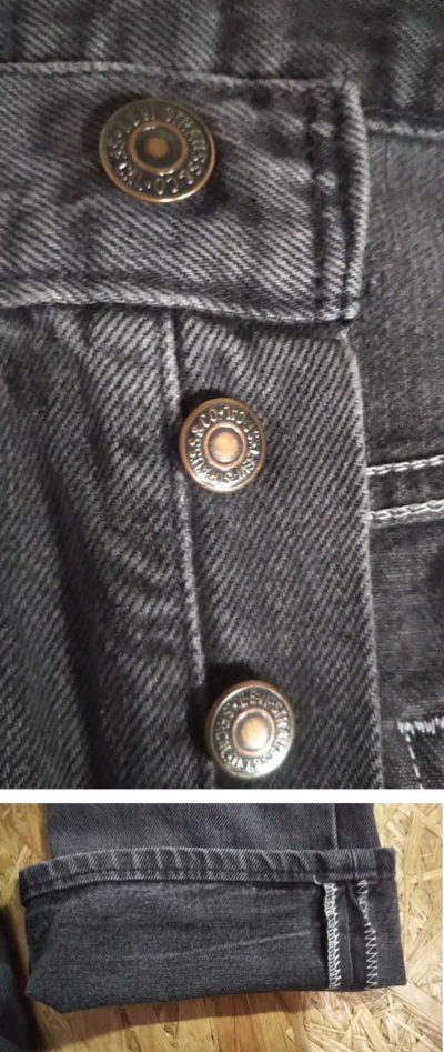 Top button and hem of 1990s Levi's 501 Made in USA 1992 made Black W31-32 L33