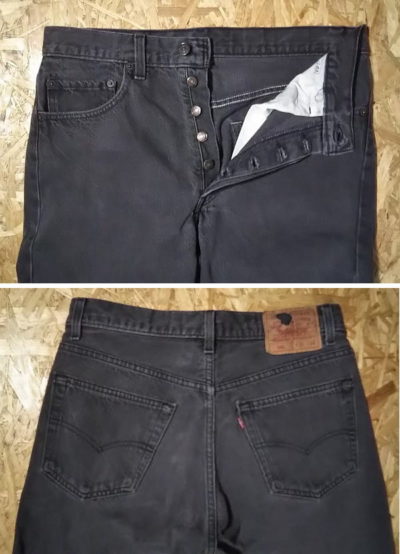 Button fly and back pocket of 1990s Levi's 501 Made in USA 1992 made Black W31-32 L33