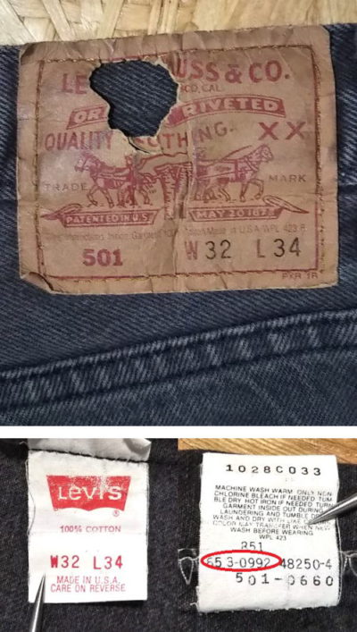 Paper label and inner display tag of 1990s Levi's 501 Made in USA 1992 made Black W31-32 L33