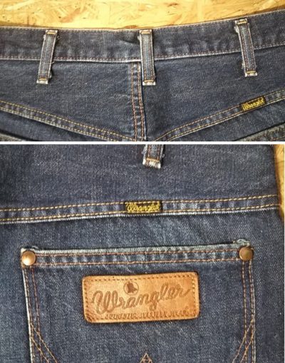 Staggered Belt Loops and Leather Labels -90s Wrangler Selvedge Jeans. Made in JAPN. 50s detail