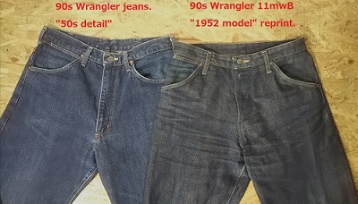 90s Wrangler jeans. "50s detail" and 90s Wrangler 11mwB "1952 model" reprint.
