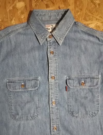 Chest pocket-90s Levi's Chambray Work Shirt. Made in Japan. Saddle-man tag. Orange tab.