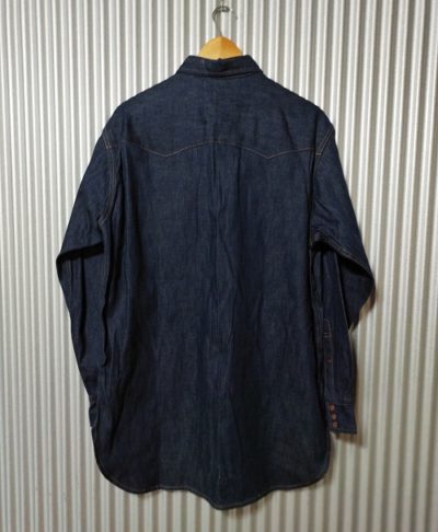 Back view-Dead stock 90s Levi's Shorthorn Denim shirt. Made in Japan. Selvedge. Red tab.